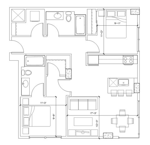 Floor plan for 2 beds, 2 baths, 1130 sqft
